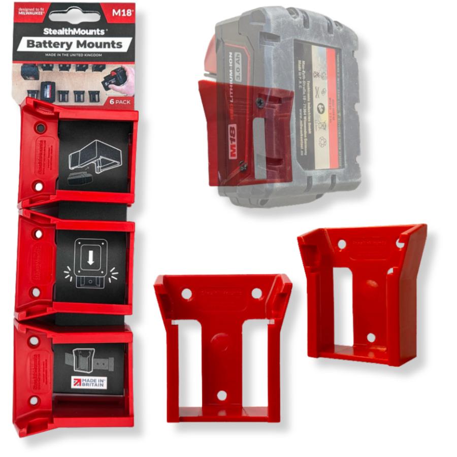 Battery Mounts for Milwaukee M18 - Red, 6 Pack