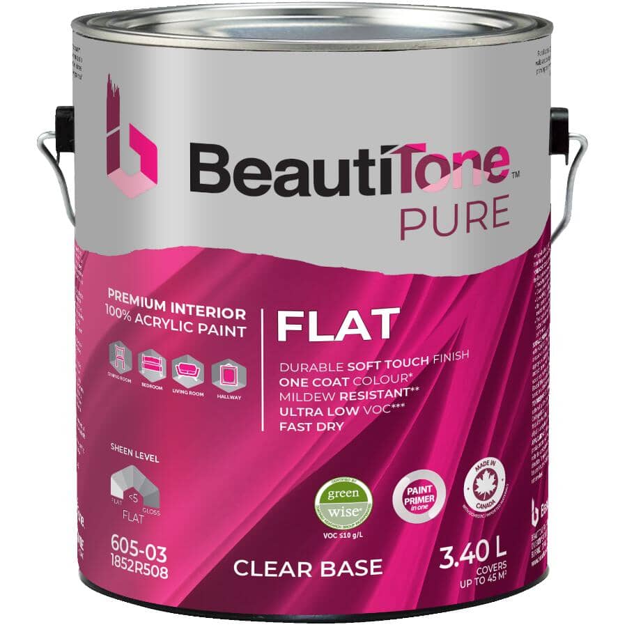 Premium Interior Latex Flat Paint & Primer - Clear Base, 3.4 L