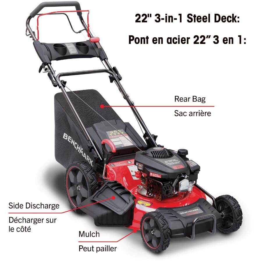 173cc Self-Propelled 3-In-1 Gas Lawn Mower - with Adjustable Speed & Rear Wheel Drive, 22"