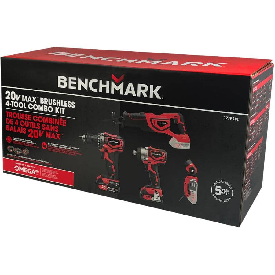 20V Max Lithium-ion Cordless Combo Kit - Hammer Drill, Impact Driver, Reciprocating Saw & Work Light
