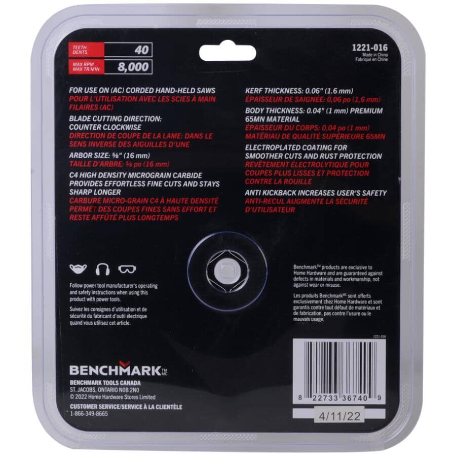 7-1/4" 40 Tooth Premium Carbide Circular Saw Blade