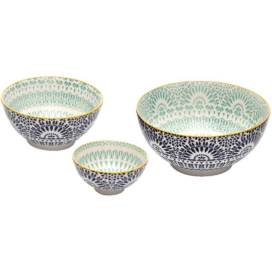 3 Piece Porcelain Serving Bowl Set - Paisley Blue