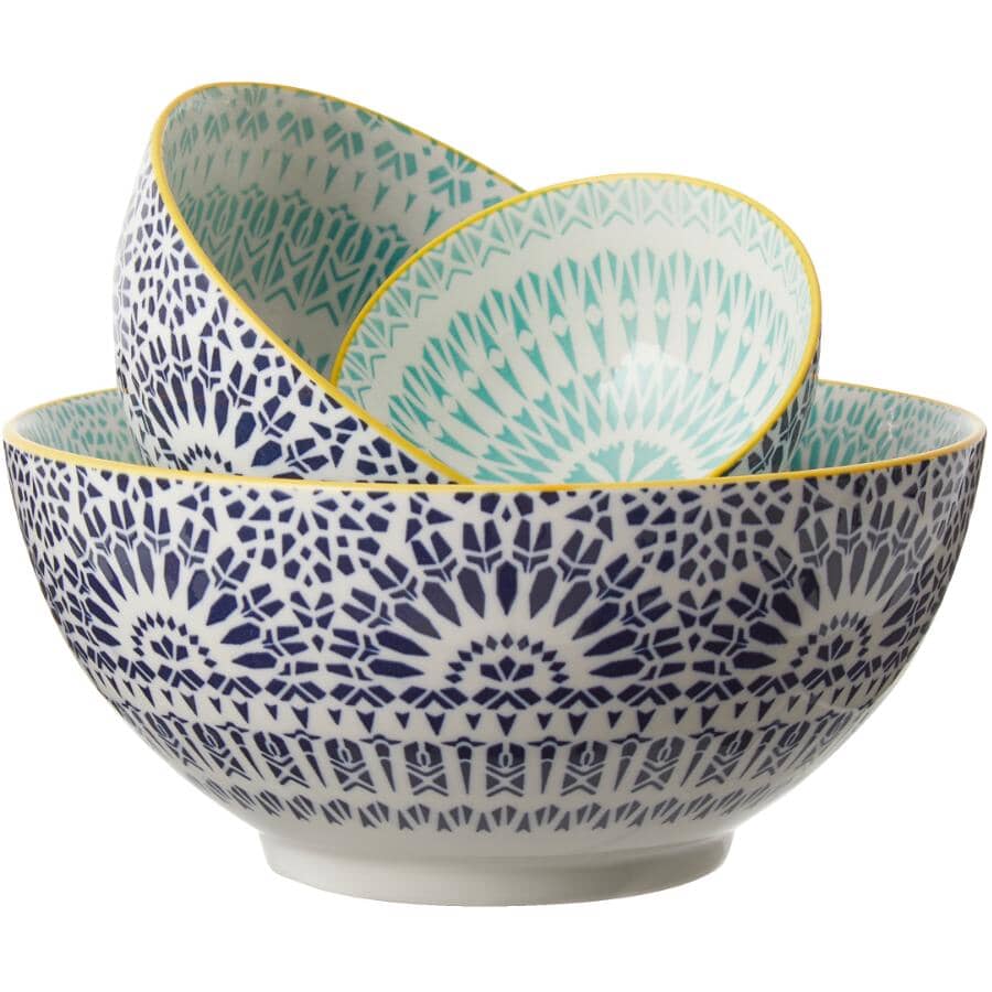 3 Piece Porcelain Serving Bowl Set - Paisley Blue