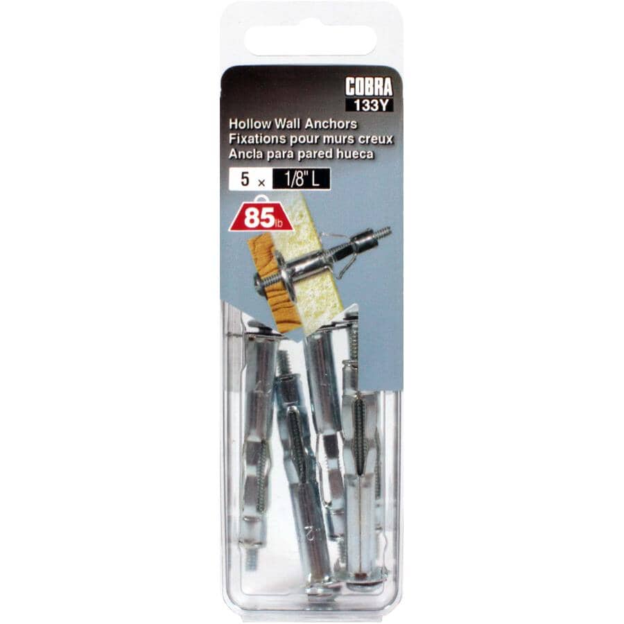 5 Pack 1/8" Zinc Plated Long Hollow Wall Anchors