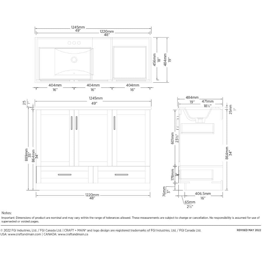 49" x 19" Marien Vanity with Cultured Marble Top - 3 Doors + 2 Drawers, Brown