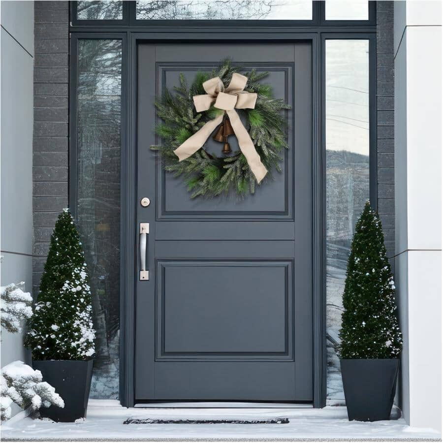 24" Mixed Pine Wreath - with Beige Bow & Bells