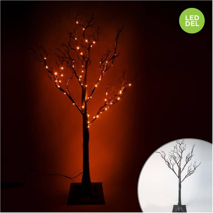 3' Spooky Black Glitter Tree - with 72 Orange LEDs
