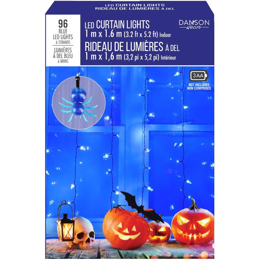 Halloween Curtain 96 LED Light Set - Blue Spiders