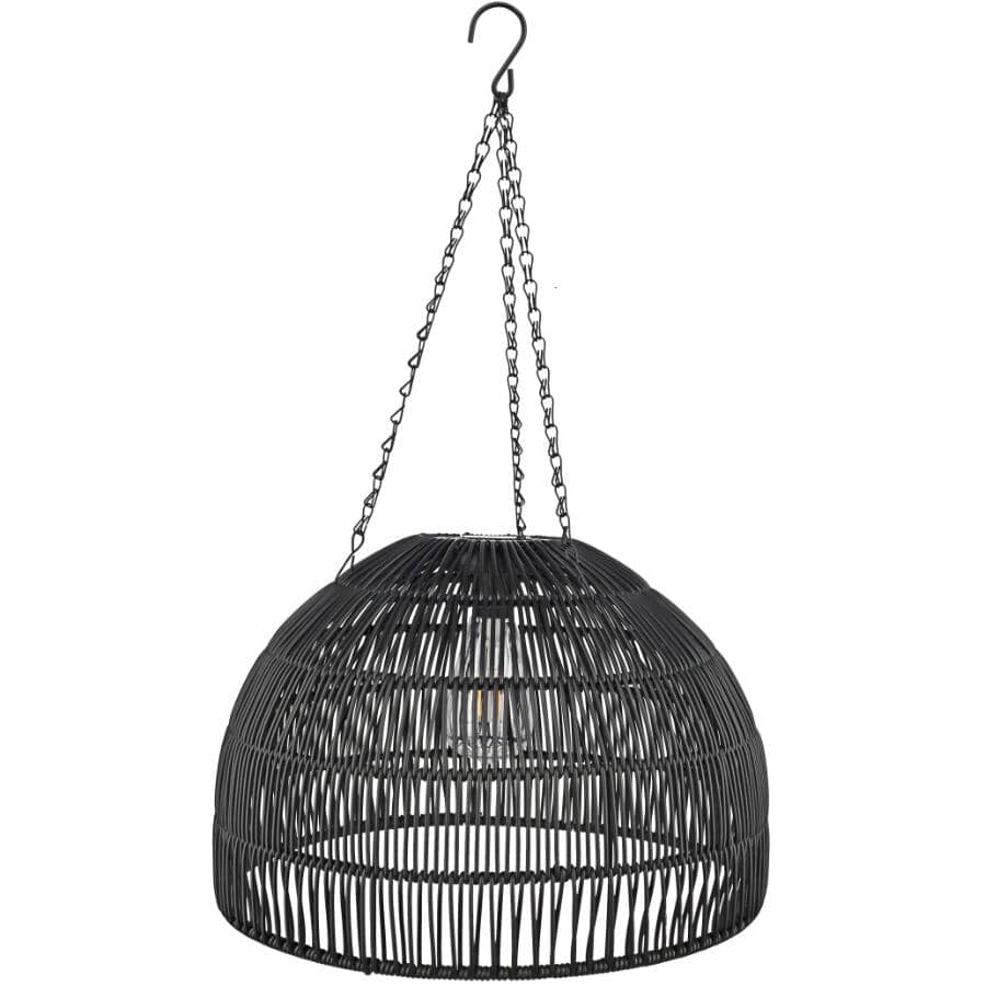 Solar Hanging Lantern with Rattan Style Shade - Black Finish, Warm White