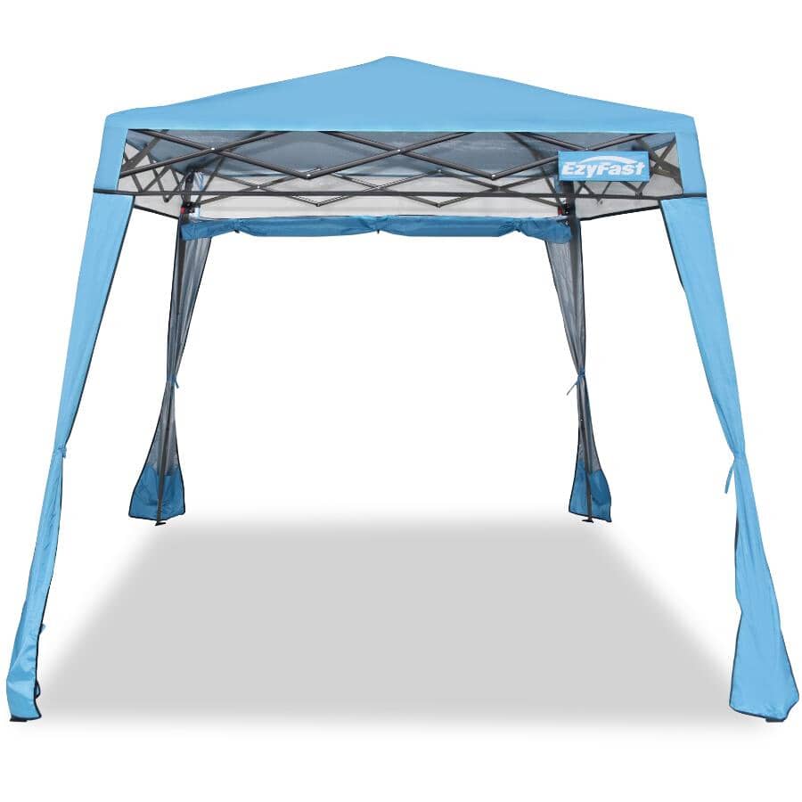 8' x 8' Blue Folding Sun Shelter - with a full sized back wall that is designed to block out the sun and wind and offer privacy, can also be rolled up