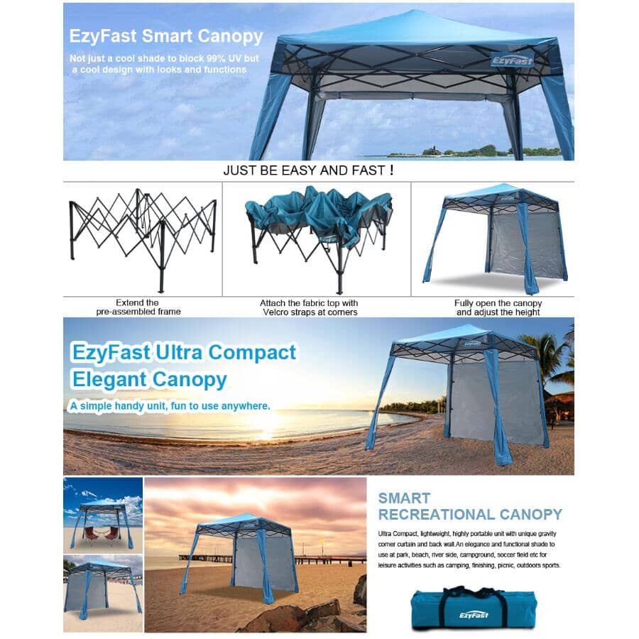 8' x 8' Blue Folding Sun Shelter - with a full sized back wall that is designed to block out the sun and wind and offer privacy, can also be rolled up