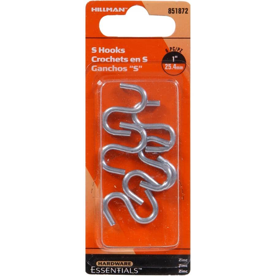 6 Pack 1" Zinc Heavy Duty Open S Hooks
