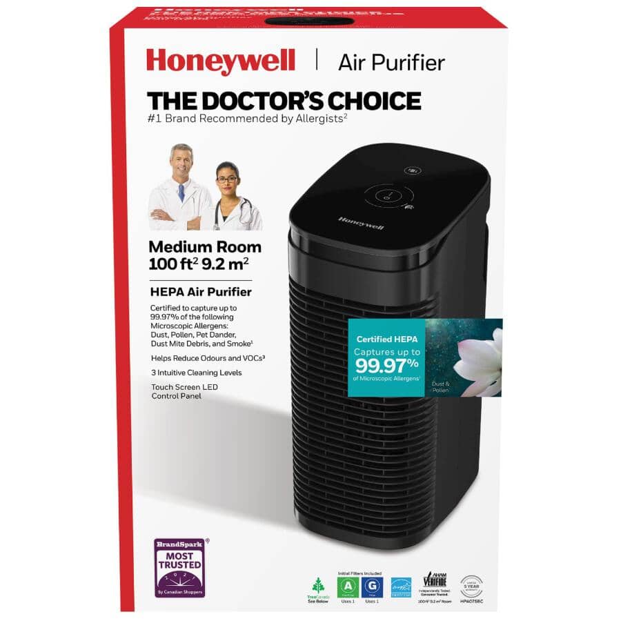 True HEPA Compact Tower Air Purifier with Allergen Remover - 100 sq. ft., Black