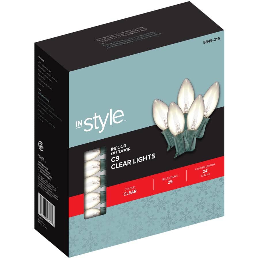 C9 Incandescent Light Set with Green Wire - Clear, 25 Lights