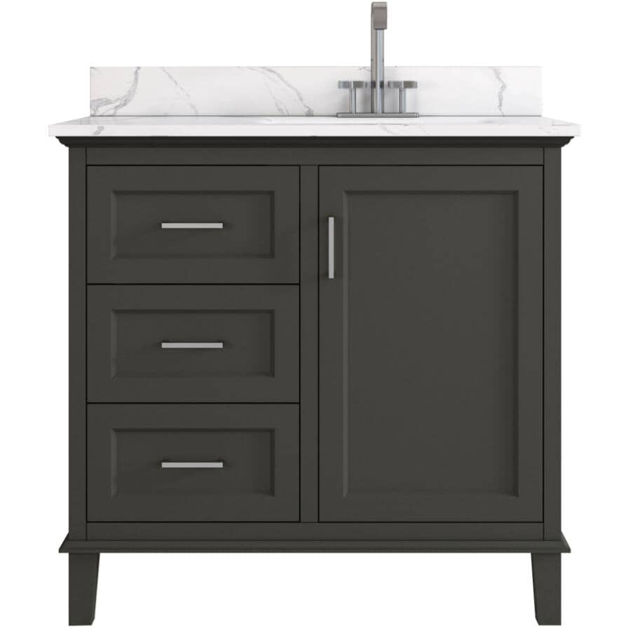 36" W x 22" D Windsor Vanity with Quartz Stone Top - Single Door + Three Drawers, Charcoal