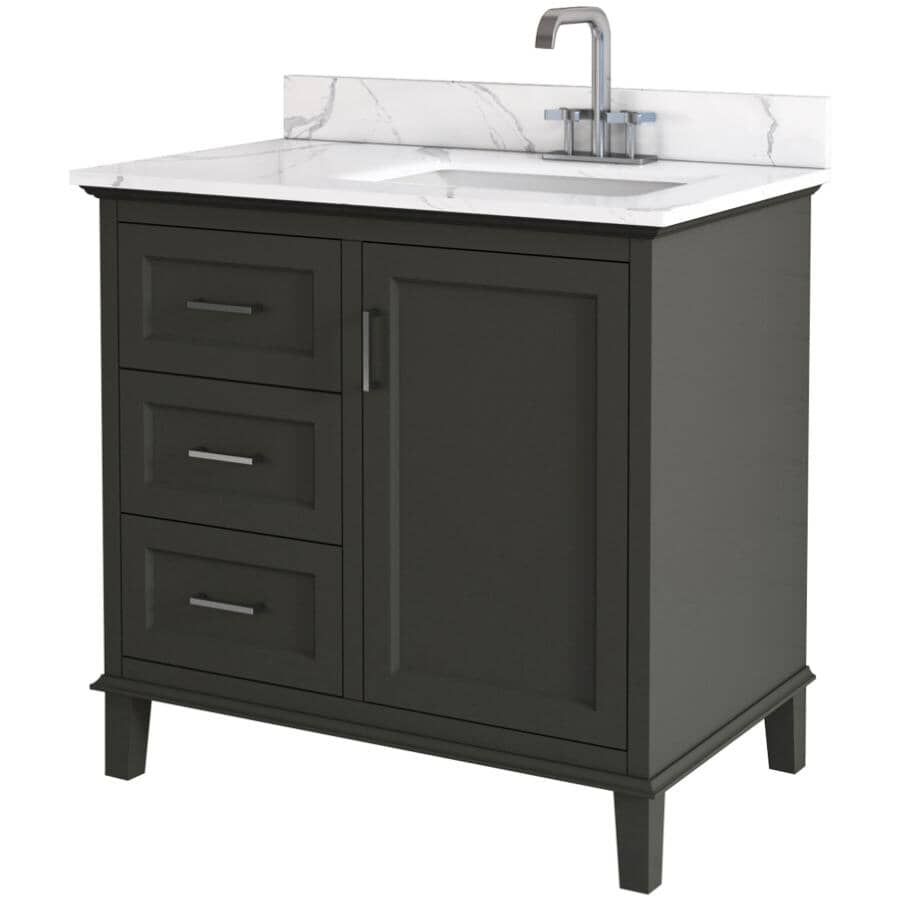36" W x 22" D Windsor Vanity with Quartz Stone Top - Single Door + Three Drawers, Charcoal