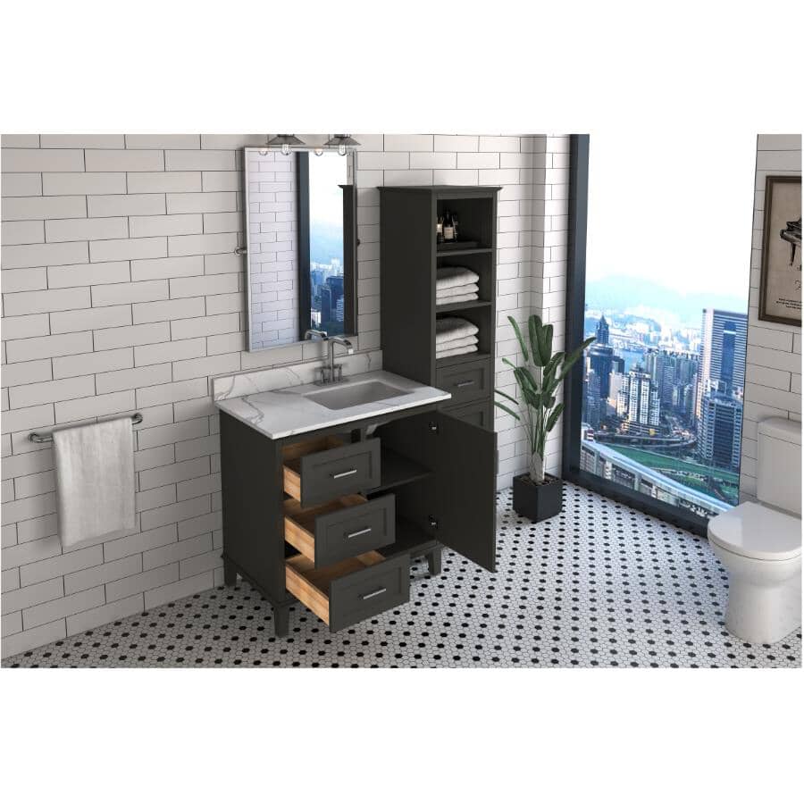 36" W x 22" D Windsor Vanity with Quartz Stone Top - Single Door + Three Drawers, Charcoal