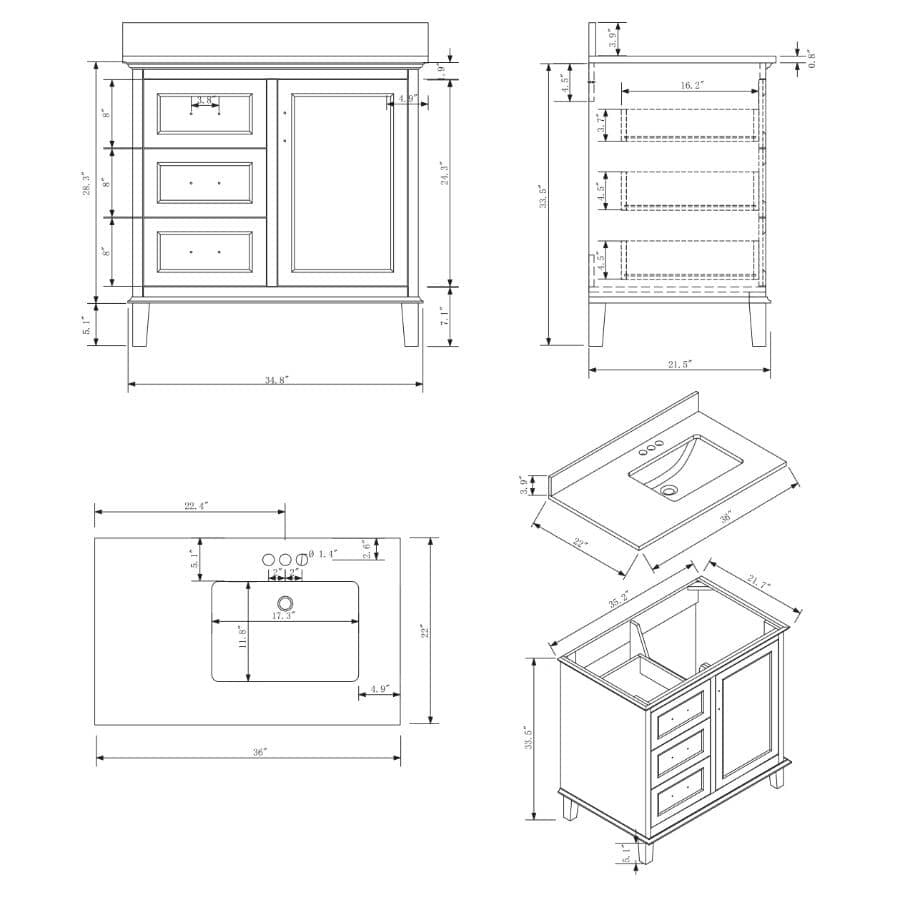 36" W x 22" D Windsor Vanity with Quartz Stone Top - Single Door + Three Drawers, Charcoal