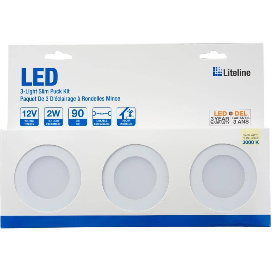 Slim LED Puck Light Fixture Kit - White, 3 Lights