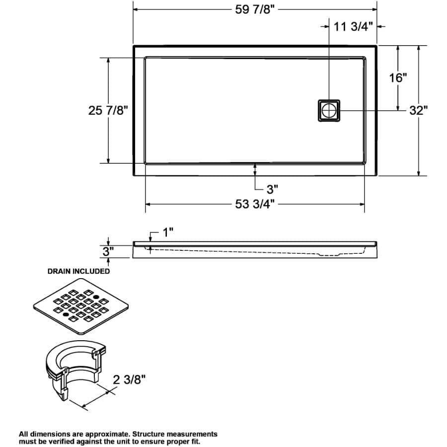 60" x 32" Zone Shower Base - with Right Hand Drain, White