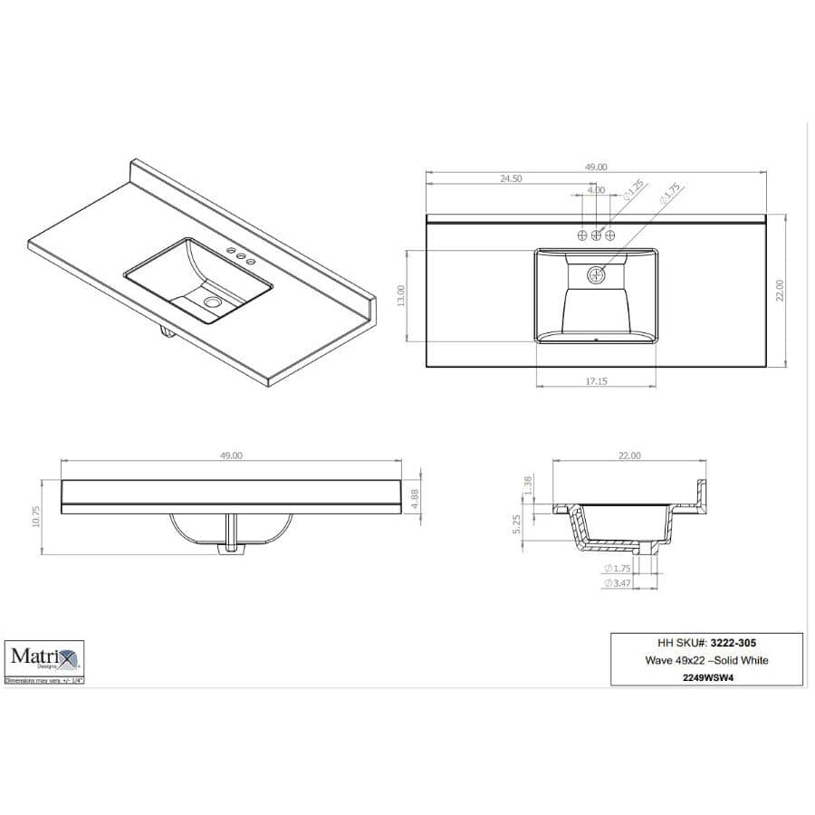49" x 22" Cultured Marble Vanity Top with Rectangular Wave Sink - White