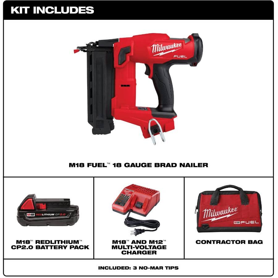 M18 Fuel Cordless Brad Nailer Kit - with Battery, Charger & Tool Bag, 18 Gauge