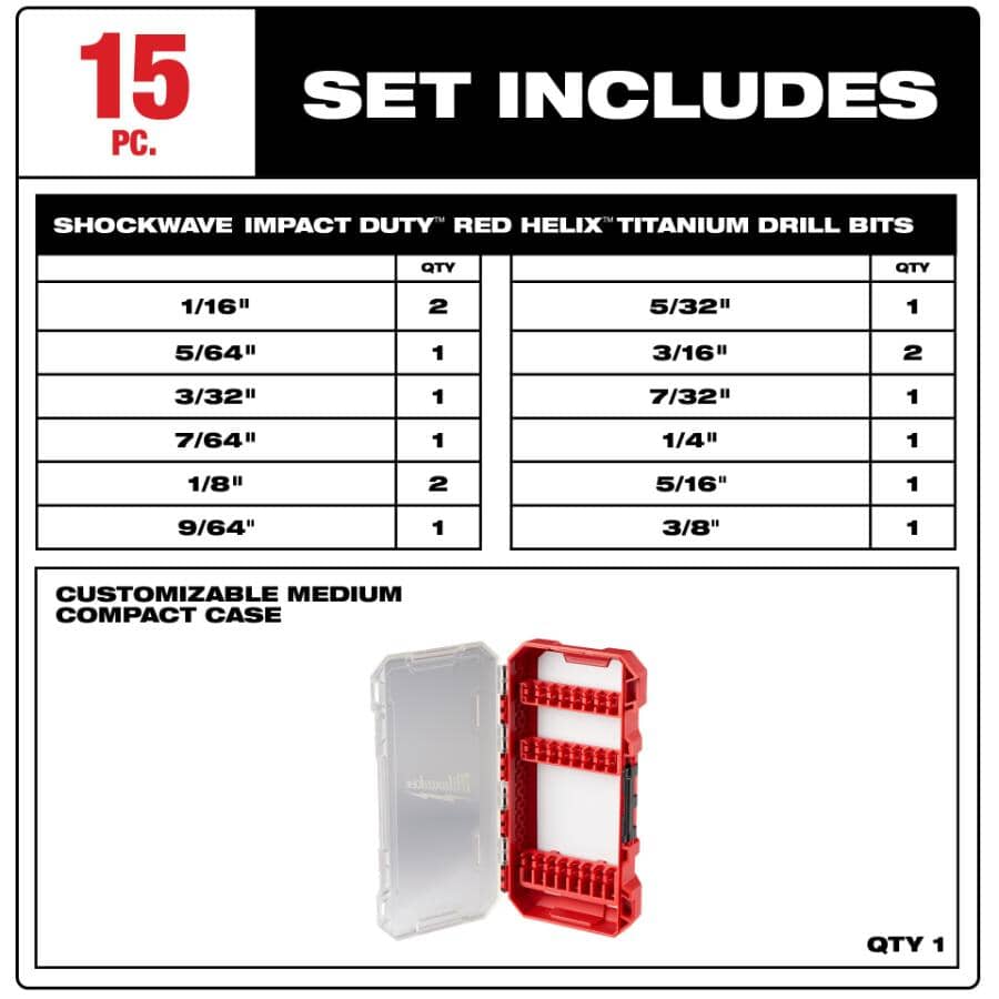 Shockwave Red Helix Titanium Drill Bit Set - 15 Piece