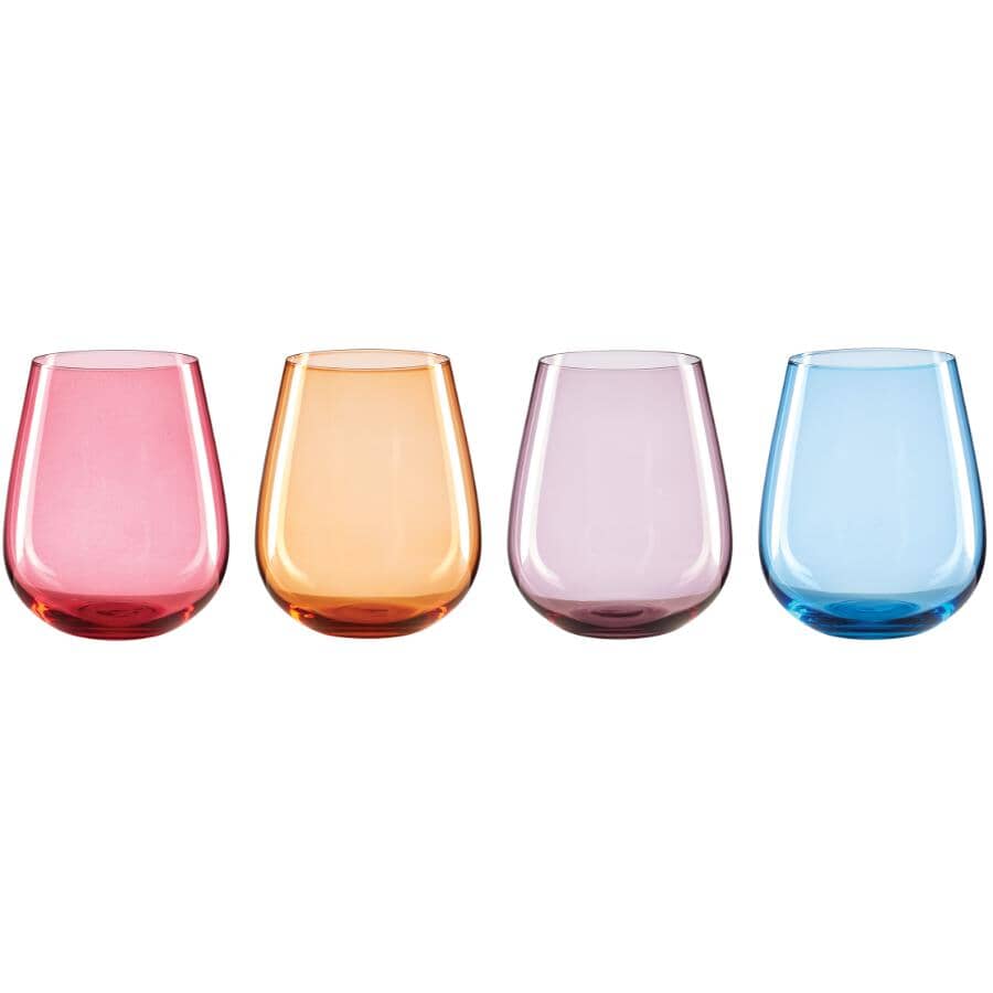 Set of 4 Stemless Wine Glasses, Assorted Colours