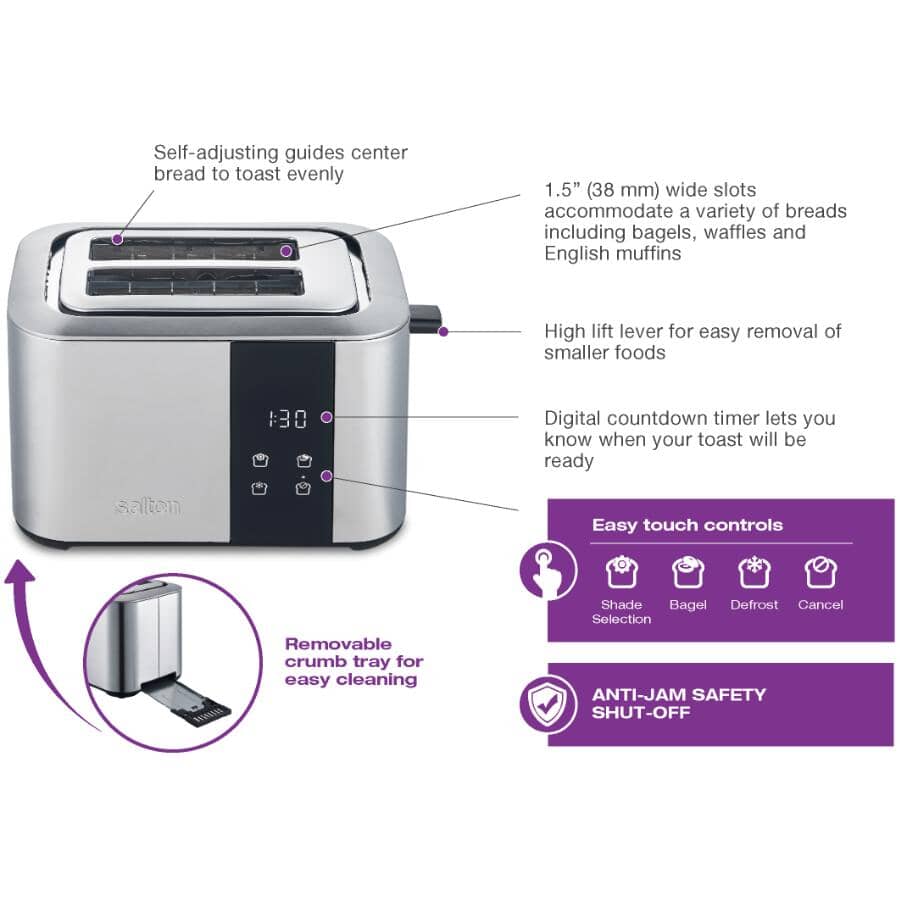 2 Slice Digital Countdown Stainless Steel Toaster - with Extra Wide Slots