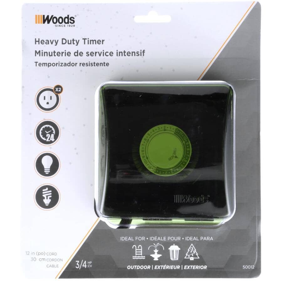 2 Outlet 24 Hour Outdoor Heavy Duty Mechanical Timer, with 3 Conductors