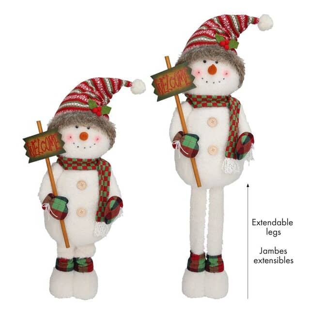 137cm Standing Snowman, White, Red & Green - with Extendable Legs