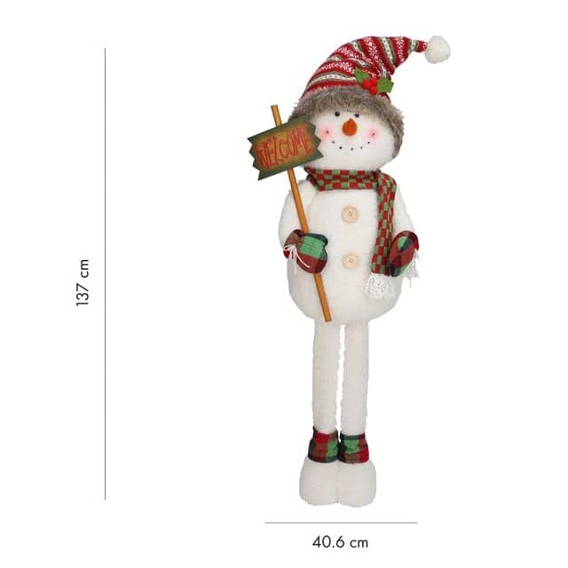 137cm Standing Snowman, White, Red & Green - with Extendable Legs