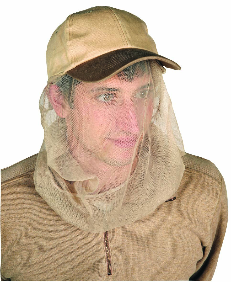 World Famous 4158 Mosquito Baseball Hat 100% Cotton Crown. Integrated Fine Mesh Full Coverage Head Net Fold Onto Crown. Adj Back Tan
