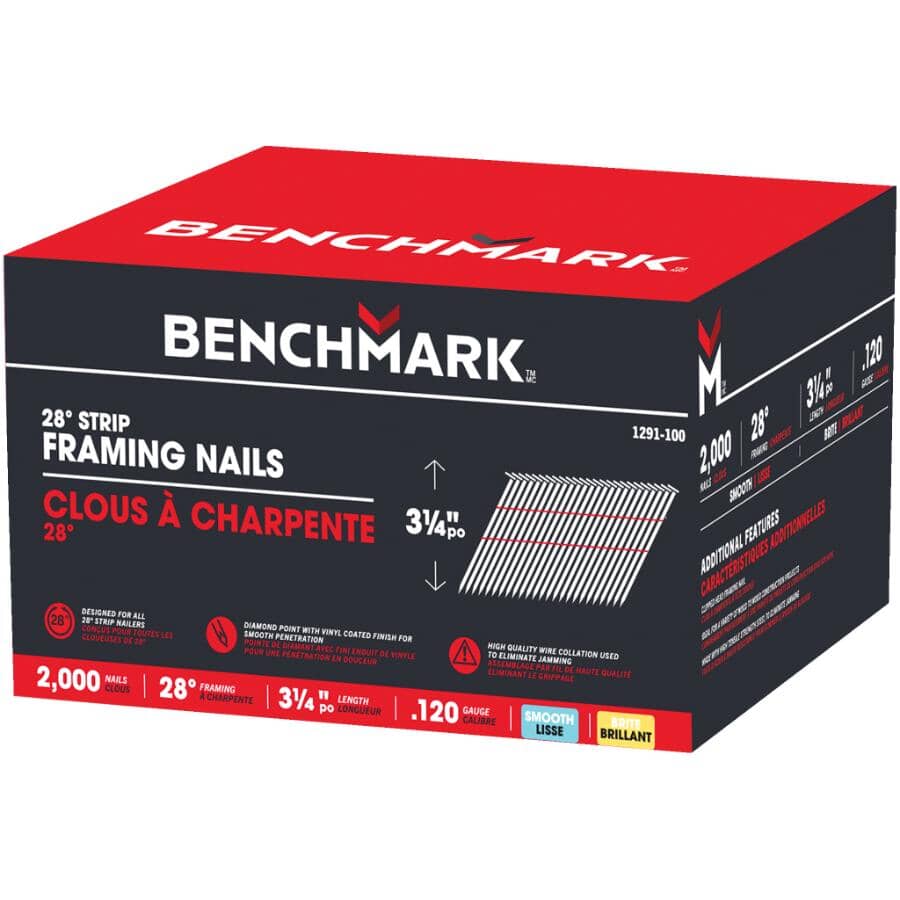 3-1/4" 0.120 Gauge Brite Strip Framing Nails - 28 Degree, 2000 Pack