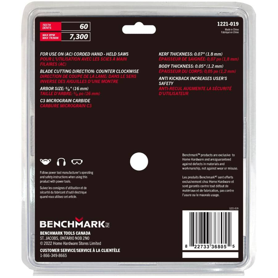 7-1/4" 60 Tooth Finishing Carbide Circular Saw Blade