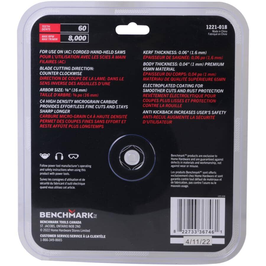 7-1/4" 60 Tooth Premium Carbide Circular Saw Blade