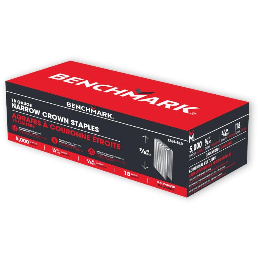 7/8" 18 Gauge Narrow Crown Staples - 5000 Pack