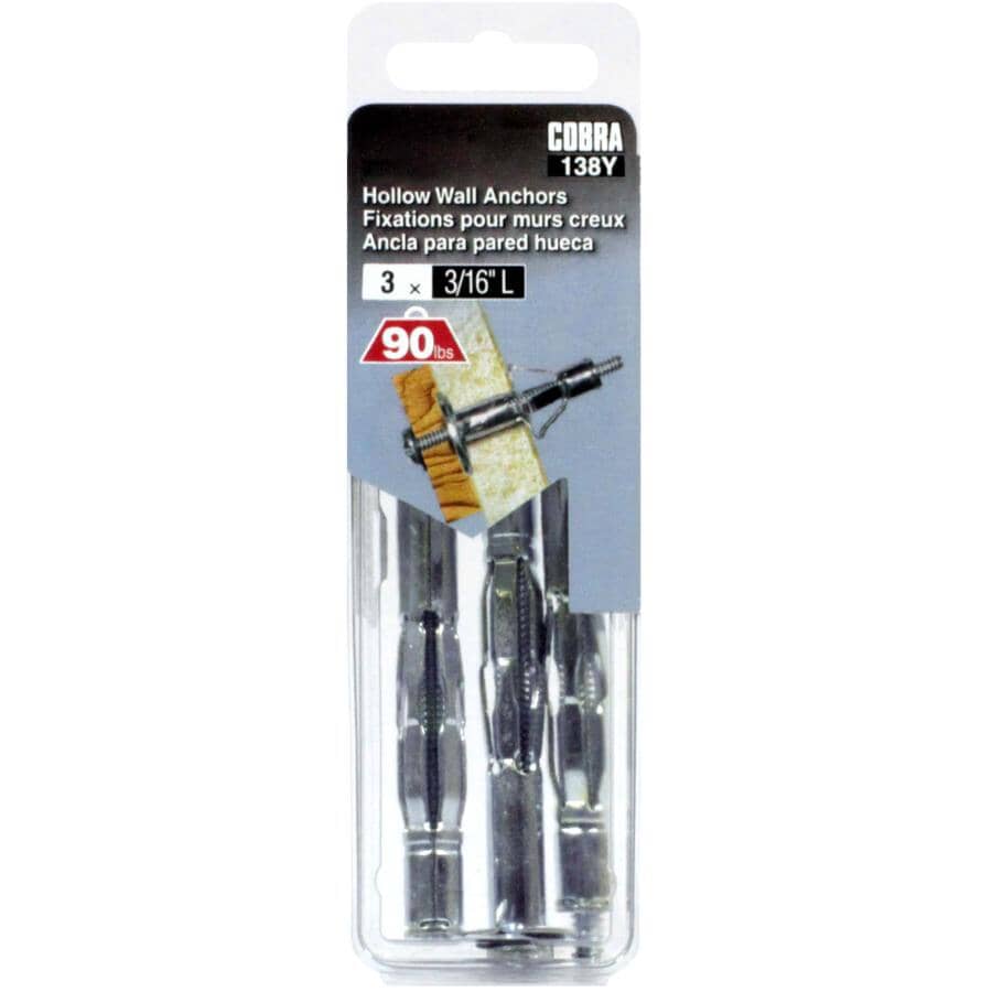 3 Pack 3/16" Zinc Plated Long Hollow Wall Anchors
