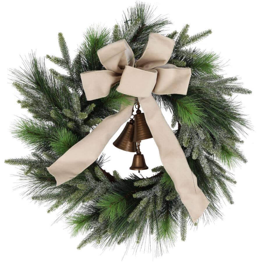 24" Mixed Pine Wreath - with Beige Bow & Bells