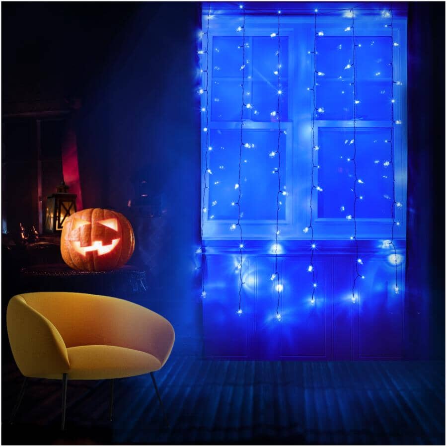 Halloween Curtain 96 LED Light Set - Blue Spiders
