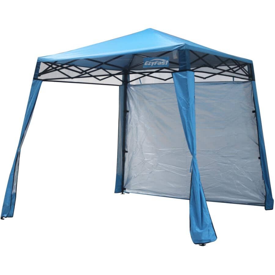 8' x 8' Blue Folding Sun Shelter - with a full sized back wall that is designed to block out the sun and wind and offer privacy, can also be rolled up