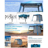 8' x 8' Blue Folding Sun Shelter - with a full sized back wall that is designed to block out the sun and wind and offer privacy, can also be rolled up