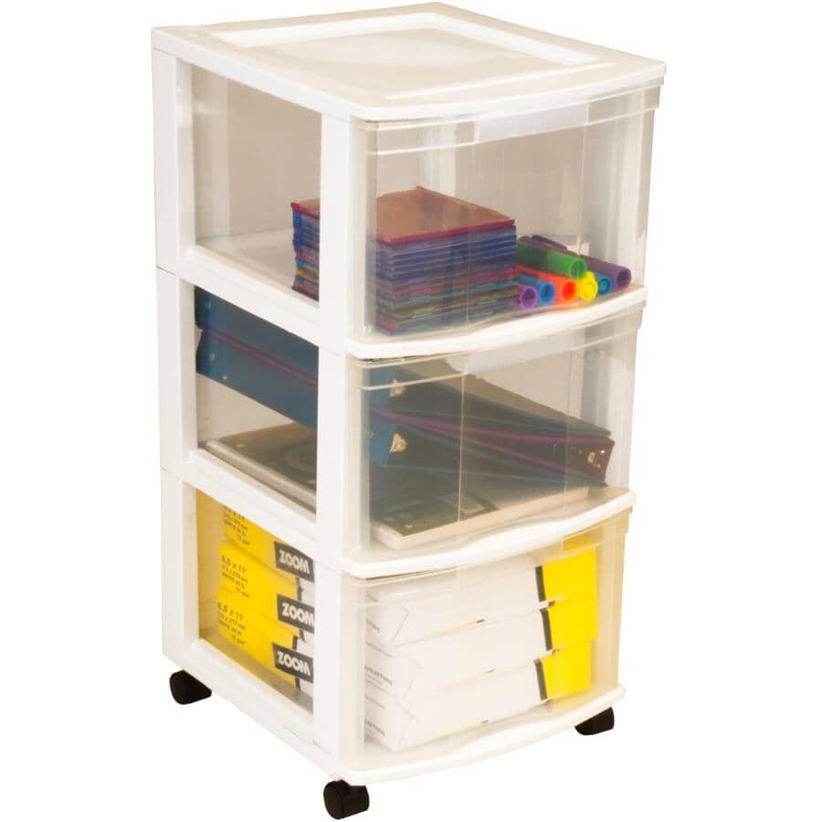 White Plastic 3 Drawer Chest, with Casters