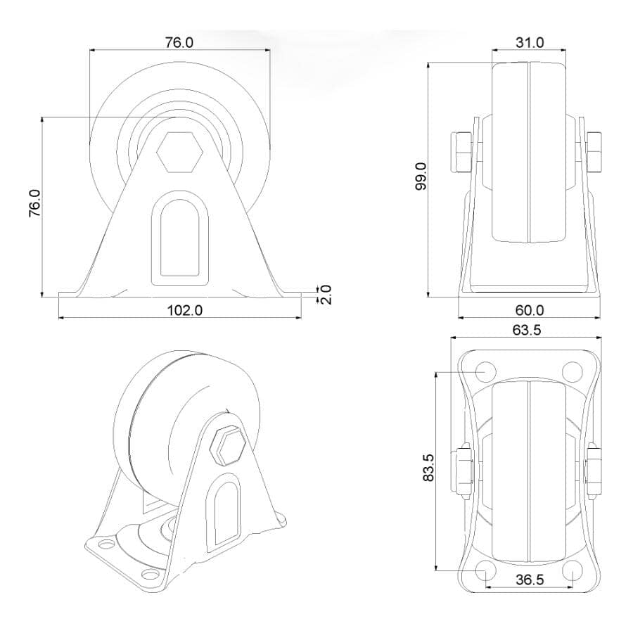 3" 210lb Rubber Rigid Plate Caster