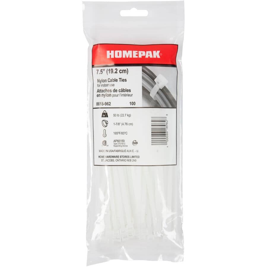 100 Pack 7" White Cable Ties