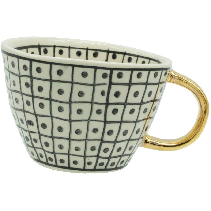 Stoneware Dots Coffee Mug with Gold Handle - Black & White, 12 oz