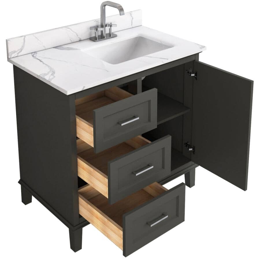36" W x 22" D Windsor Vanity with Quartz Stone Top -  Single Door + Three Drawers, Charcoal
