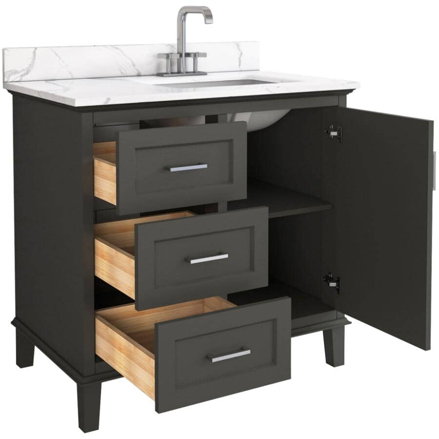 36" W x 22" D Windsor Vanity with Quartz Stone Top -  Single Door + Three Drawers, Charcoal