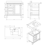 36" W x 22" D Windsor Vanity with Quartz Stone Top -  Single Door + Three Drawers, Charcoal