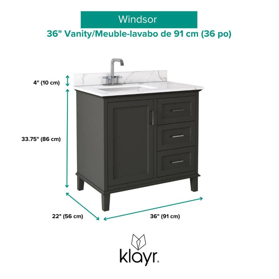 36" W x 22" D Windsor Vanity with Quartz Stone Top -  Single Door + Three Drawers, Charcoal